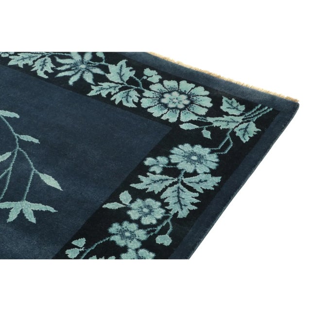 1920s Rug & Kilim’s Chinese Deco Style Rug in Blue Floral Patterns For Sale - Image 5 of 8