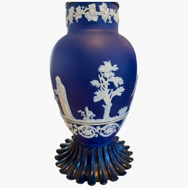 1950s 1950s Cobalt Blue Jasperware Table Lamps With Classical Relief – 22” Tall - a Pair For Sale - Image 5 of 10