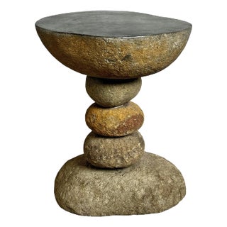 River Rock Stack Vintage Outdoor Stool Side Table For Sale
