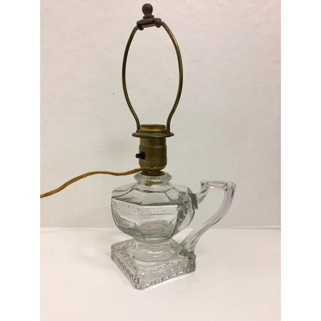 Antique Greek Key Pressed Glass Electrified Oil Lamp For Sale - Image 9 of 12