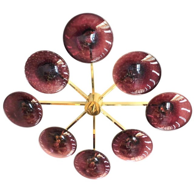 Italian flush mount with eight amethyst Murano glass shades carefully hand blown with bubbles inside the glass using...
