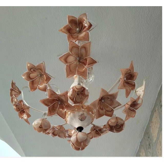 Mid-Century Italian Vintage Porcelain & Amber Brown Murano Glass Floral Chandelier Bring warmth and artisanal Italian...