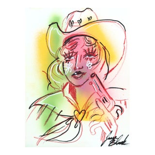 Trigger Warning - Original Contemporary Western Cowgirl Acrylic Painting on Paper For Sale