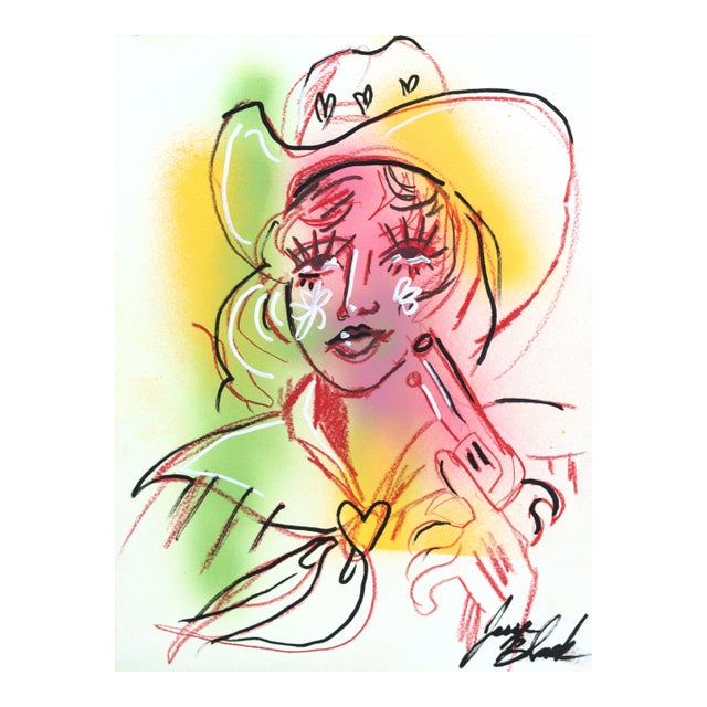 Trigger Warning - Original Contemporary Western Cowgirl Acrylic Painting on Paper For Sale