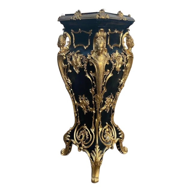 1990 Italian Baroque Black Gold Resin Pedestal W/ Marble Effect Top - 1 Piece For Sale