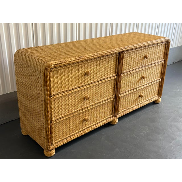 1970s Vintage Boho Chic Pencil Reed Rattan Six Drawer Dresser For Sale - Image 5 of 12