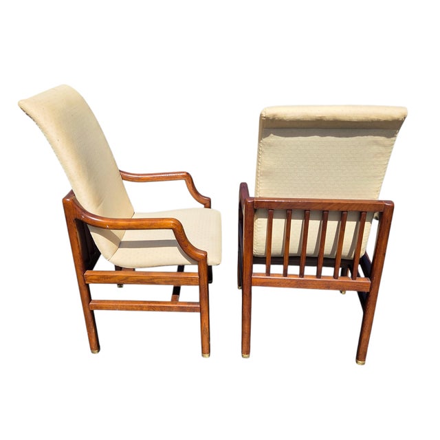1980s 2 Henredon Scene One Campaign Dining Room Armchairs MCM Oak Brass For Sale - Image 10 of 14
