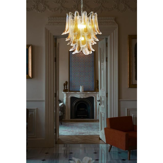 Huge Italian vintage Murano chandelier made by 41 glass petals (transparent and amber) in a gold painted metal frame....