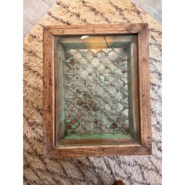 Indian Vintage Indian Carved Teak Accent Table With Shadowbox Inset Brass Window Grate Glass Top For Sale - Image 3 of 6
