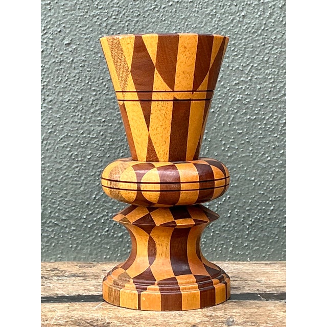 Vintage Geometric Wood Marquetry Vase For Sale - Image 4 of 12