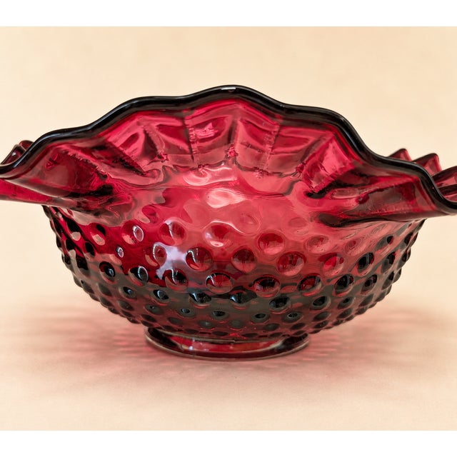Vintage Fenton-Style Hobnail Ruffled Rim Glass Bowl For Sale - Image 4 of 6