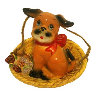 Vintage 1950s Ceramic Dog in Basket Figurine Japan Kitsch Puppy Excellent Condition For Sale