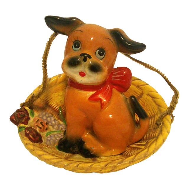 Vintage 1950s Ceramic Dog in Basket Figurine Japan Kitsch Puppy Excellent Condition For Sale