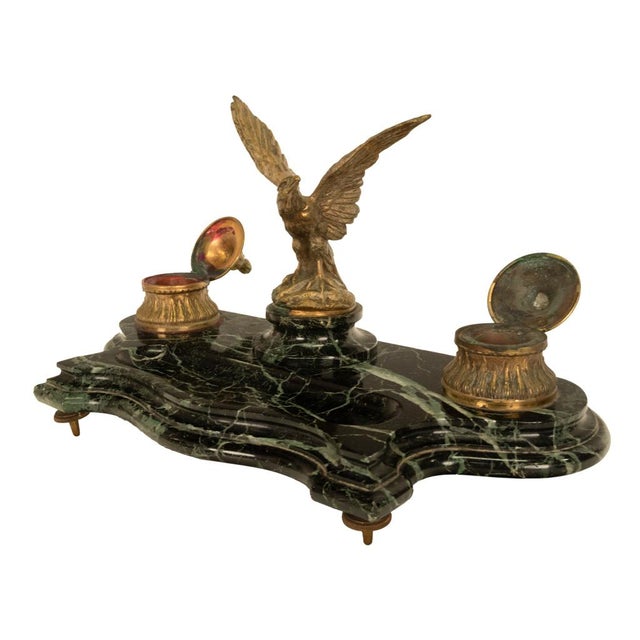 Antique 19thC French Empire Gilt Bronze Marble Eagle Desk Set Twin Inkwell 1880 For Sale In Portland, OR - Image 6 of 16