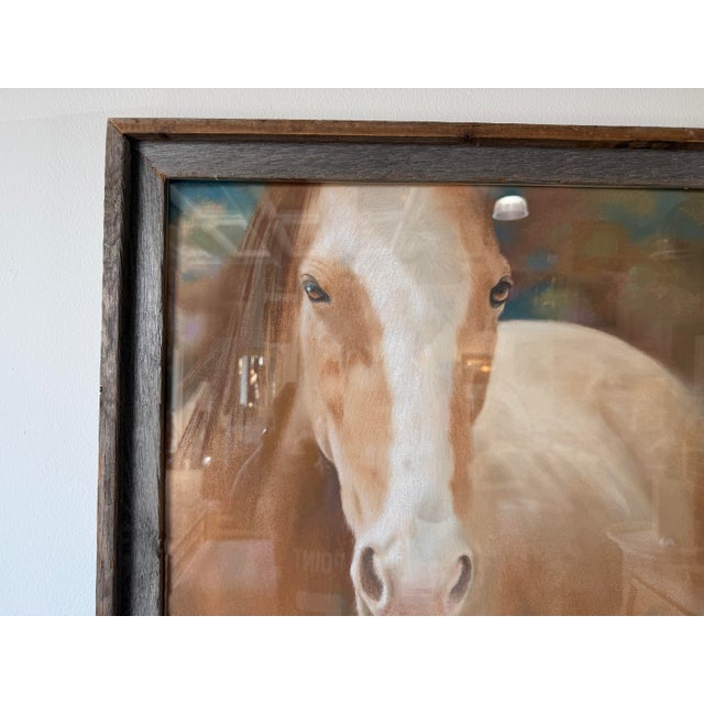 Cream 1980s Rich Maxey Oil Pastel Horse Portrait Painting in Rustic Wood Frame, Signed For Sale - Image 8 of 12