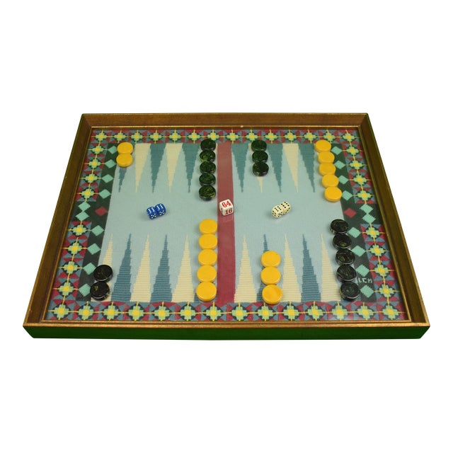 Late 20th Century Hand-Petit Needlepoint Backgammon Board With Chips & Dice For Sale