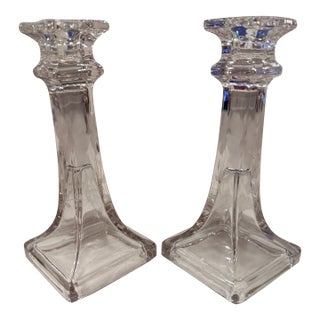 Vintage Clear Candlesticks With Etched Flowers - A Pair For Sale