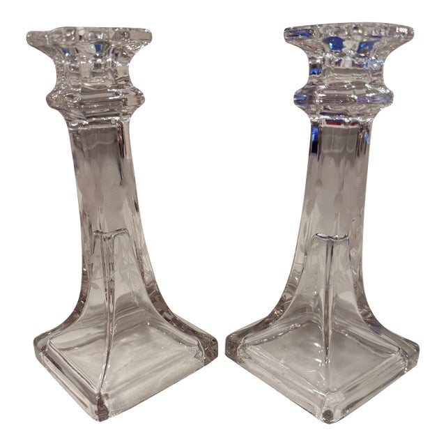 Vintage Clear Candlesticks With Etched Flowers - A Pair For Sale