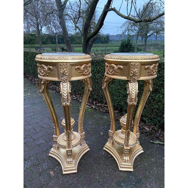Gold Late20C Artisan Louis XVI Gold Beech Marble Side Tables-Pair For Sale - Image 8 of 8