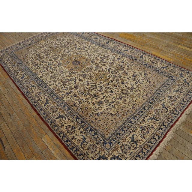 1950s Ivory Medallion Vintage Persian Nain Wool & Silk Carpet 5'1" X 8'10" Knotted Rug For Sale - Image 4 of 12
