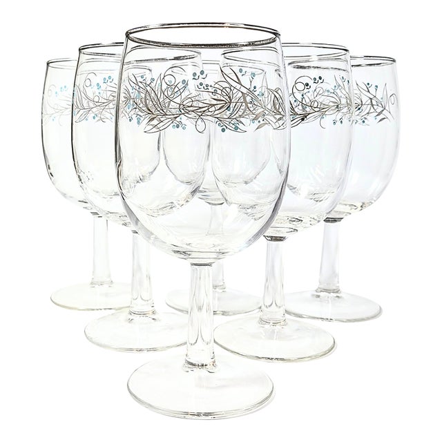 Mid Century Teal and Gray Floral Goblets- Set of Six For Sale