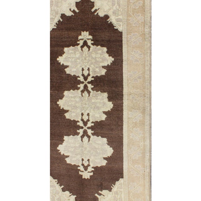 Turkish Brown Background Vintage Turkish Oushak Runner With Medallions in Cream & Ivory For Sale - Image 3 of 7