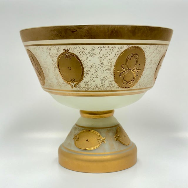 Baroque Vintage Imperlux Bohemian Glass Pedestal Fruit Bowl | Satin White Glass W/ 24k Gold Medallion Decorations | Czech Art Glass For Sale - Image 3 of 7