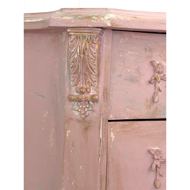 Vintage French Pink Distressed Nightstand With Floral Carvings For Sale - Image 12 of 13