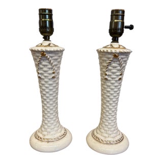 Perfect Pair 1950s Pair of Vintage Ceramic Diminutive Basket Gold Bow Lamps. For Sale