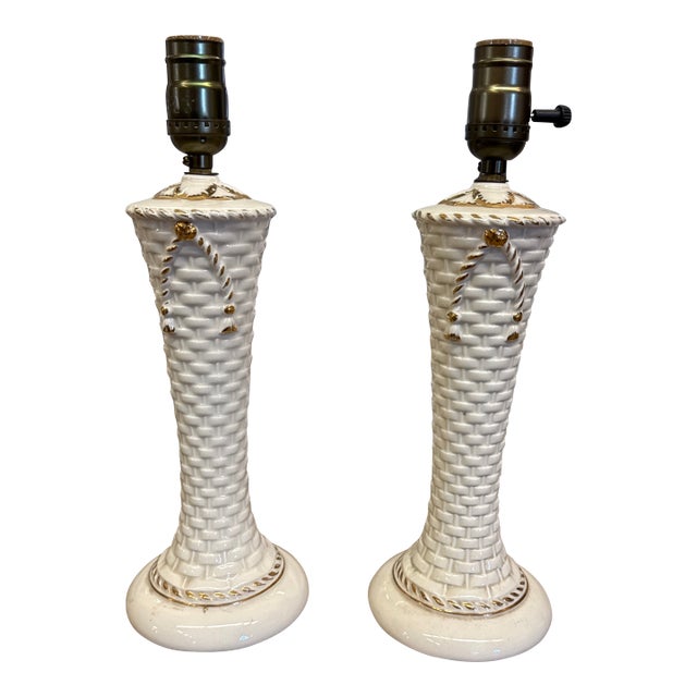 Perfect Pair 1950s Pair of Vintage Ceramic Diminutive Basket Gold Bow Lamps. For Sale
