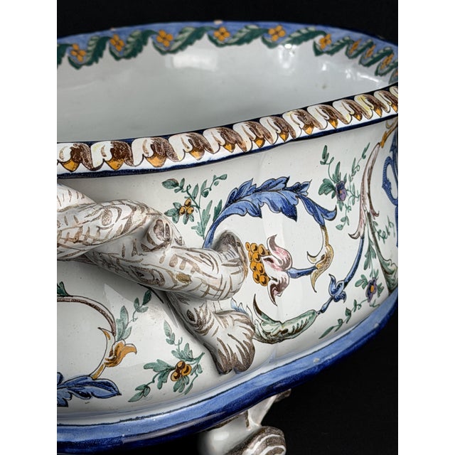 White Antique French Hand Painted Faience Jardiniere with Tree Branch Handles, 1880s For Sale - Image 8 of 11