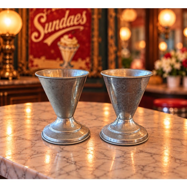 Antique Vortex Art Deco Metal Soda Fountain Sundae Cup Holders – Pair For Sale - Image 4 of 6