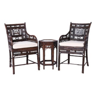 Chinese Export Bamboo and Rattan Pair of Chairs and Stand For Sale