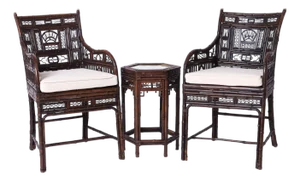 Chinese Export Bamboo and Rattan Pair of Chairs and Stand