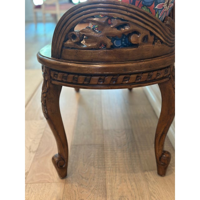 Vintage Hand-Carved Cane Bench With Ornate Floral Crest For Sale - Image 4 of 7