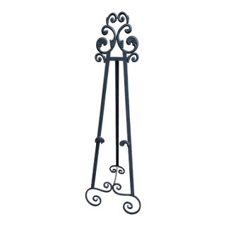 Vintage 54” Wrought Iron Floor Easel With Scrollwork, Black Finish For Sale