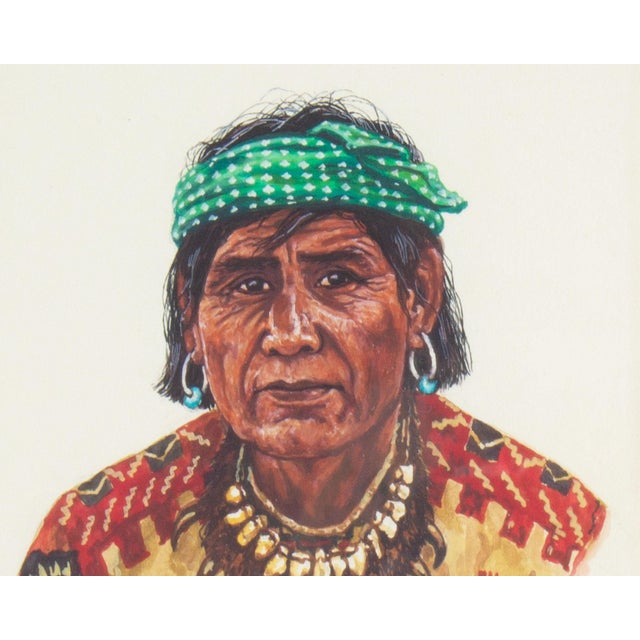 Portraiture 1980 "Man From Zia Pueblo" Casein Painting by Hubert Wackermann For Sale - Image 3 of 7