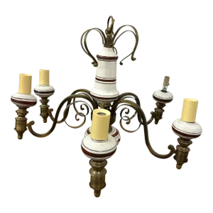 Vintage Six Arm Brass and Painted Ceramic Chandelier