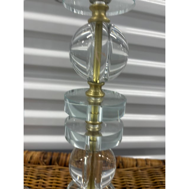 Mid-Century Modern Swedish Style Stacked Crystal Glass and Brass Table Lamps - A Pair For Sale - Image 3 of 7