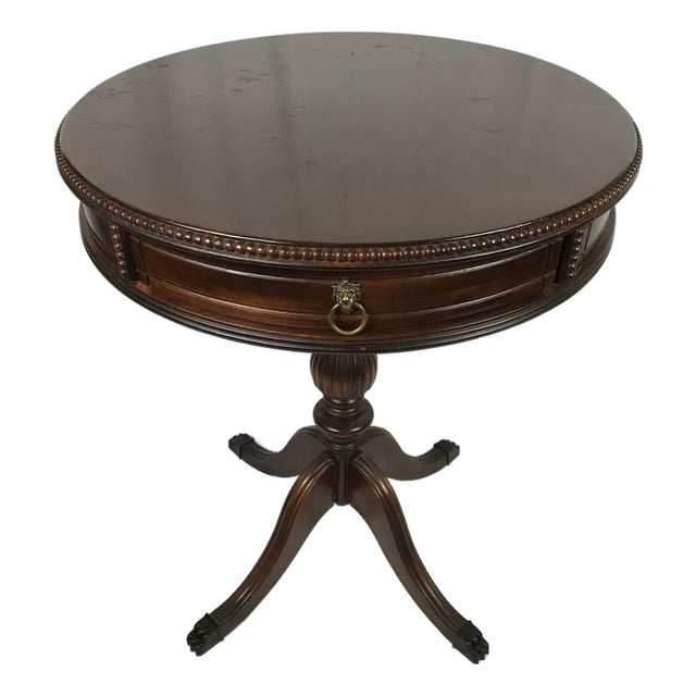 Vintage Mid-Century Regency Mahogany Drum Table With Carved Paw Feet For Sale
