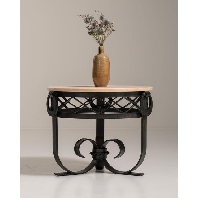 White 1920-1929 France Warm White Marble Wrought Iron Scroll-Base Table For Sale - Image 8 of 11
