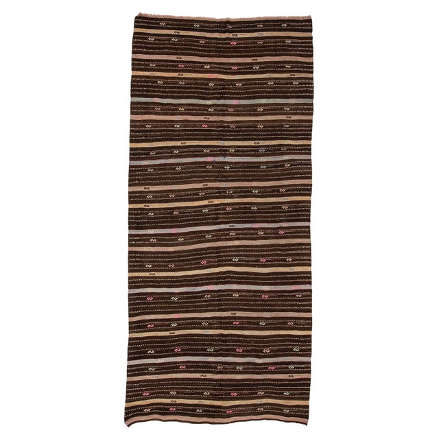 Textile Striped Vintage Brown Kilim Rug For Sale - Image 7 of 7