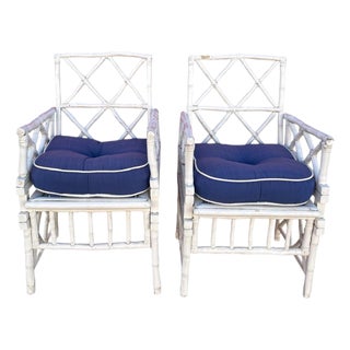 Pair of White Faux Bamboo Chippendale Armchairs With Blue Cushions For Sale