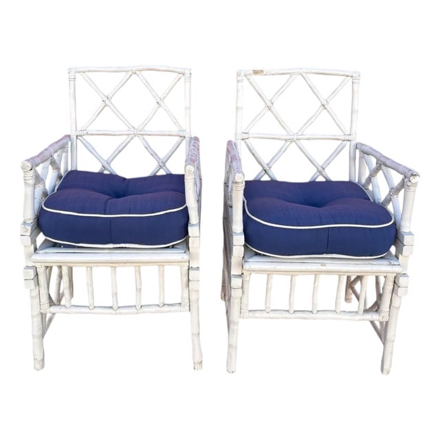 Pair of White Faux Bamboo Chippendale Armchairs With Blue Cushions For Sale