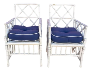 Pair of White Faux Bamboo Chippendale Armchairs With Blue Cushions