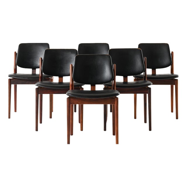 Dining Chairs in Leather and Rosewood attributed to Arne Vodder, 1960s, Set of 6 For Sale