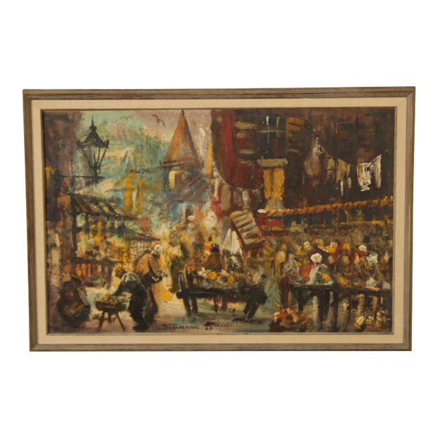 Mid 20th C. European Market Scene Original Painting, Signed For Sale