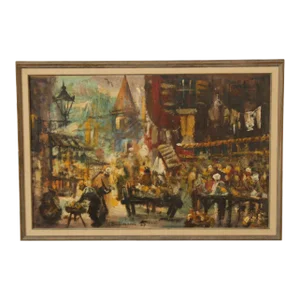 Mid 20th C. European Market Scene Original Painting, Signed