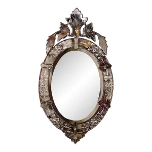 Mid-Century Italian Venetian Oval Beveled Mirror With Painted Floral Etching