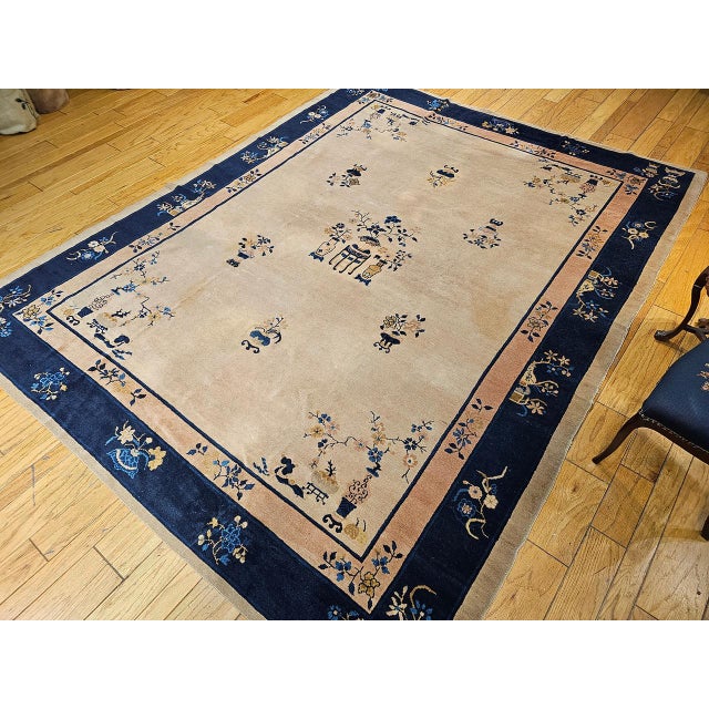 Antique Chinese Peking Rug, Hand-Knotted Wool Pile, Pale Tan & Blue, 9' x 12' For Sale - Image 10 of 18